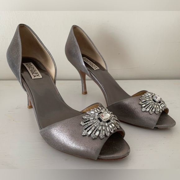 Badgley Mischka Metallic Gray Heels with Crystal Embellishments - Picture 4 of 10